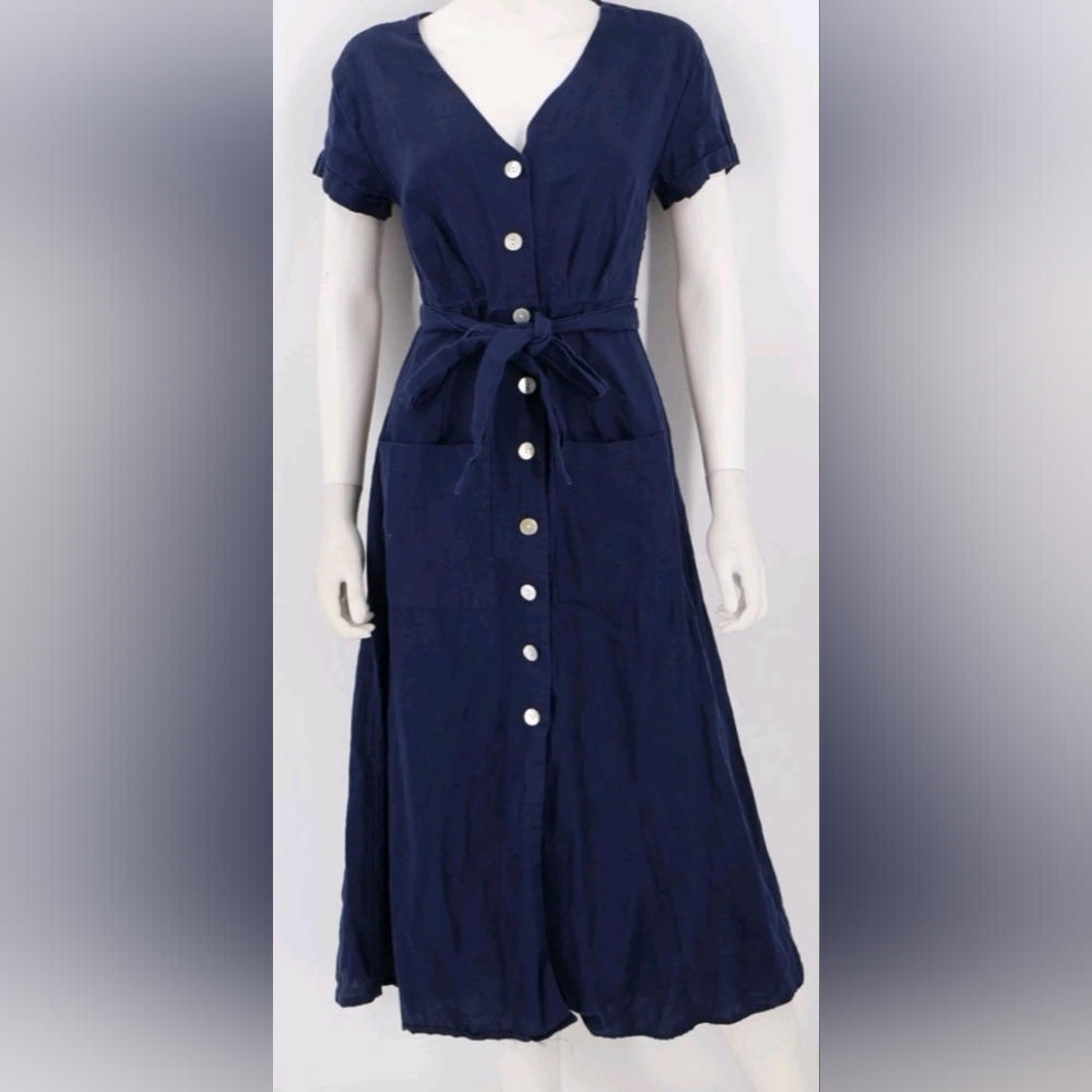 Rachel Zoe Navy Midi Dress with Button Detail. 100% LINEN